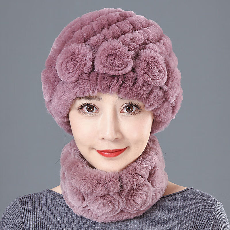 保暖加厚皮草帽子中年妈妈护耳帽围巾套装真毛 藕粉色 帽子脖套一套