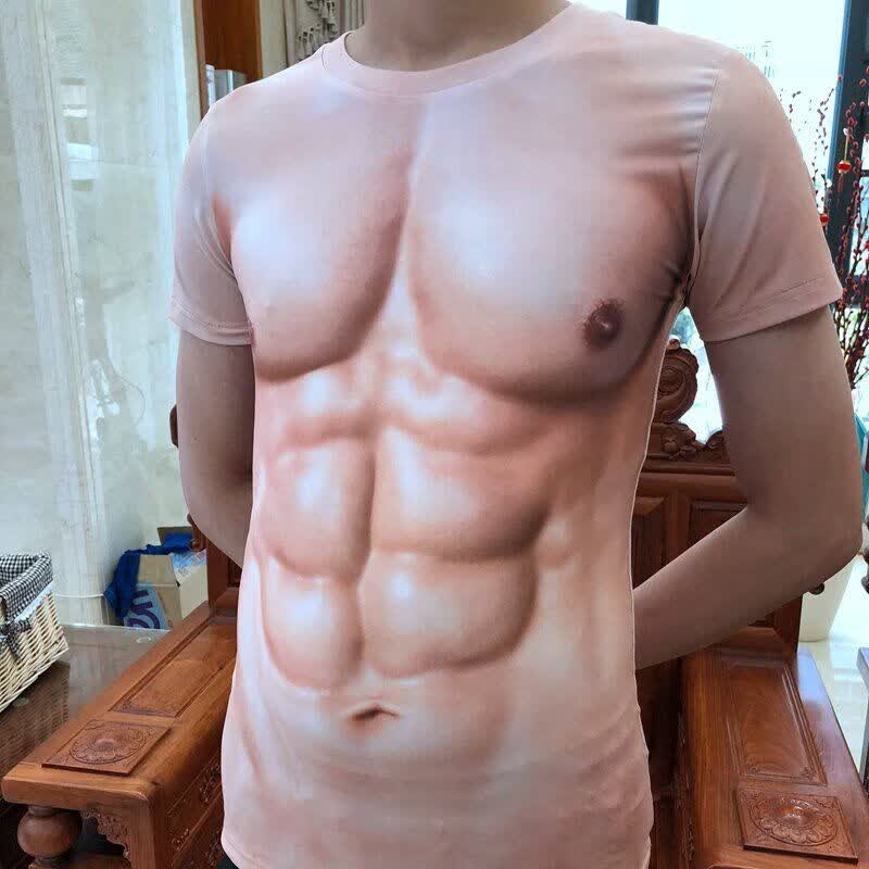 缘笛腹肌衣服男 假6八块假胸腹肌上衣服创意个性短袖搞怪3d立体搞怪肤