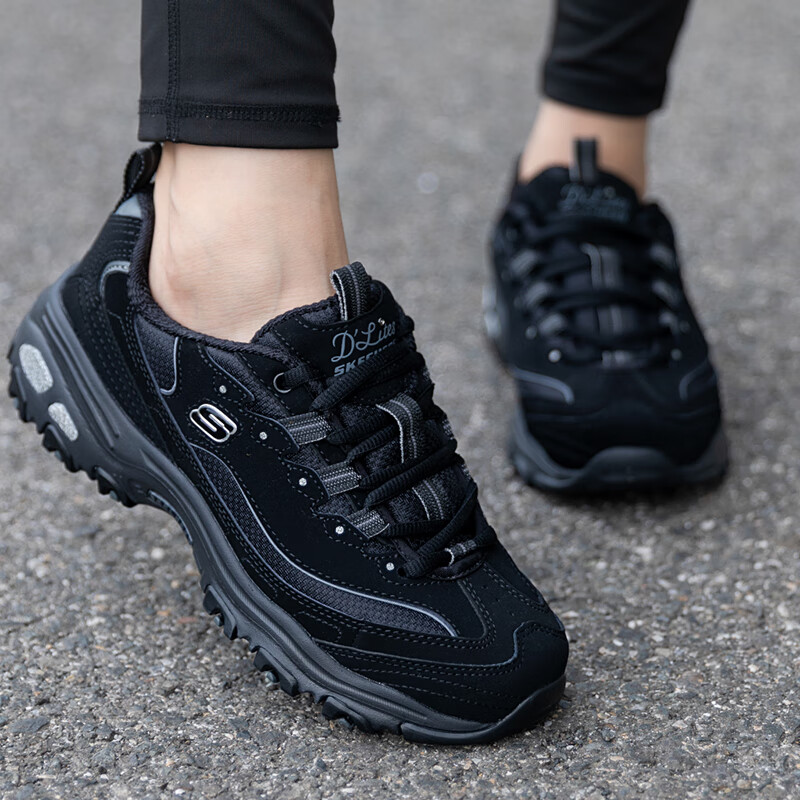 斯凯奇（Skechers）女鞋2025夏季新款黑色熊猫鞋休闲轻便运动鞋厚底增高老爹鞋女 全黑色-BBK 35