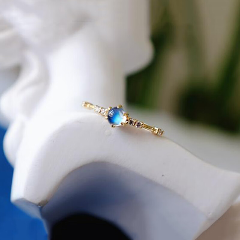 允茹 猫眼石戒指蓝色月光轻奢s925银月光石细优雅小巧精致开口戒 月光