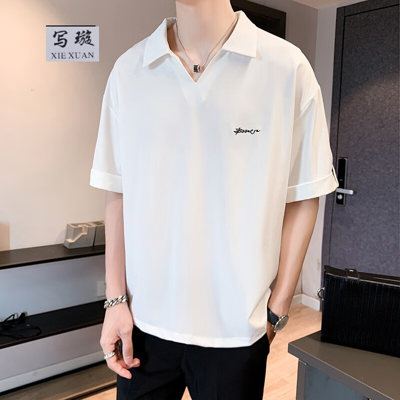 夏季polo短袖带领男士冰丝有领半袖潮牌潮流ins翻领纯色短袖体恤 白色