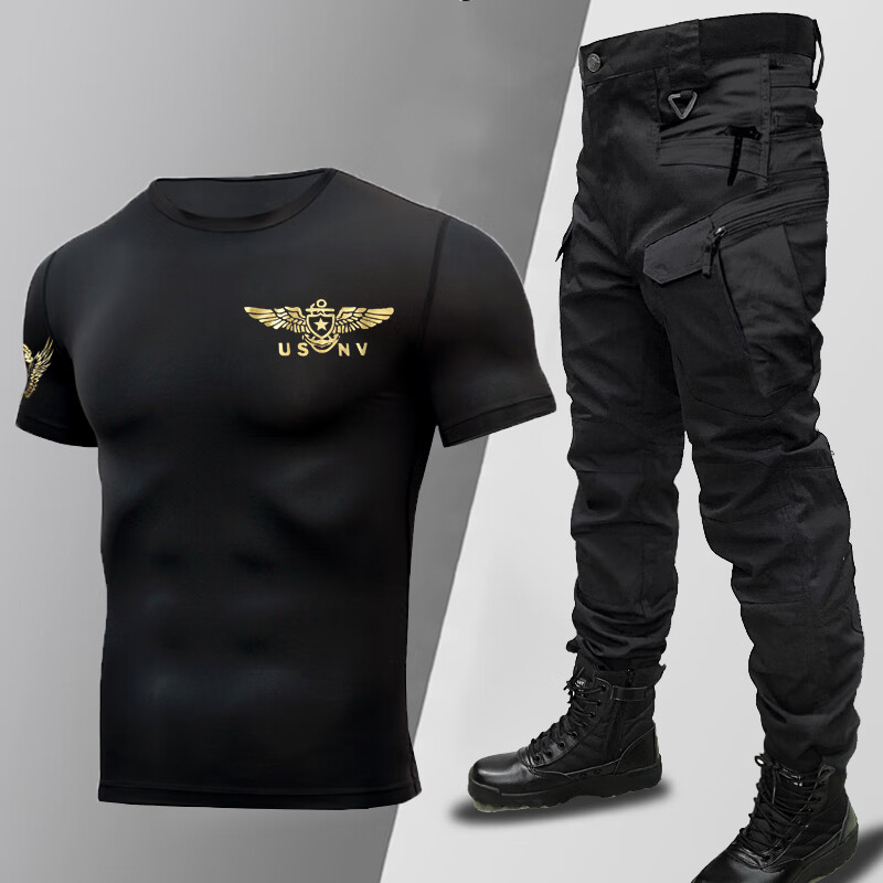 軍迷用品中國黑色作訓服教官服套裝男短袖T恤+戰(zhàn)術(shù)褲彈力特種兵衣服裝訓練特種兵戰(zhàn)術(shù)服裝 675黑單套裝(短袖+長褲) XL/165(120斤左右)