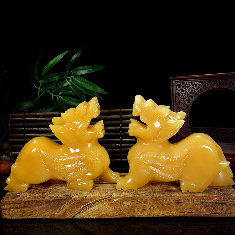 客厅玄关新中式办公室桌面摆放貔恘摆件 长15厘米一对黄玉貔貅 五帝钱