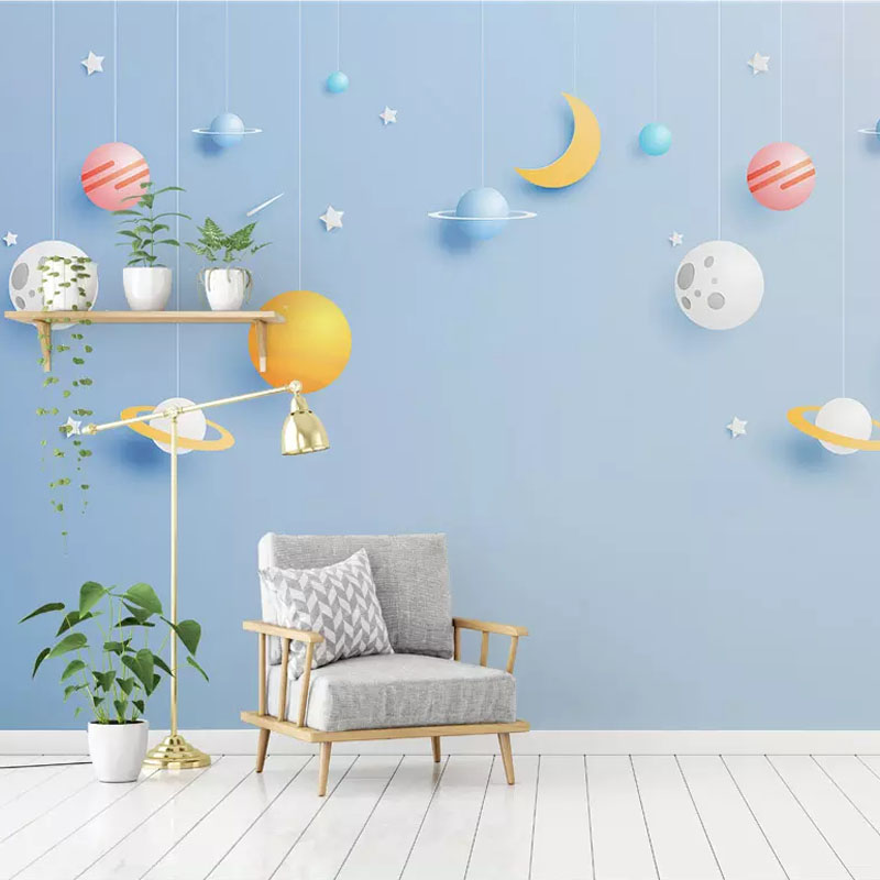 蓝色地中海儿童房墙纸男孩女孩卧室无纺布壁纸卡通可爱背景墙男生