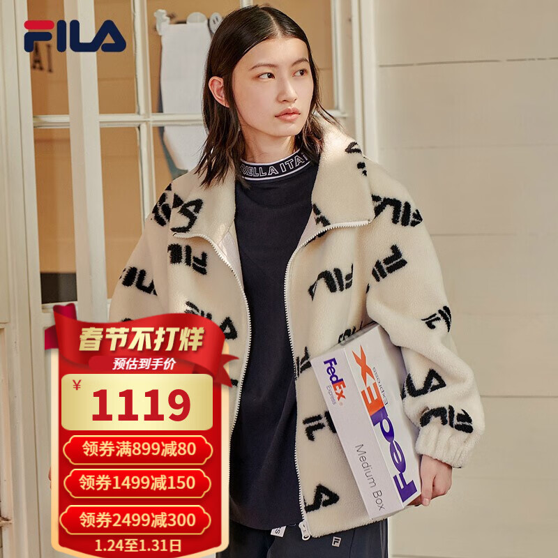 FILA 斐乐官方女子外套 2021年冬季新款针织优雅保暖仿羊羔绒外套 米白-IV 170/88A/L