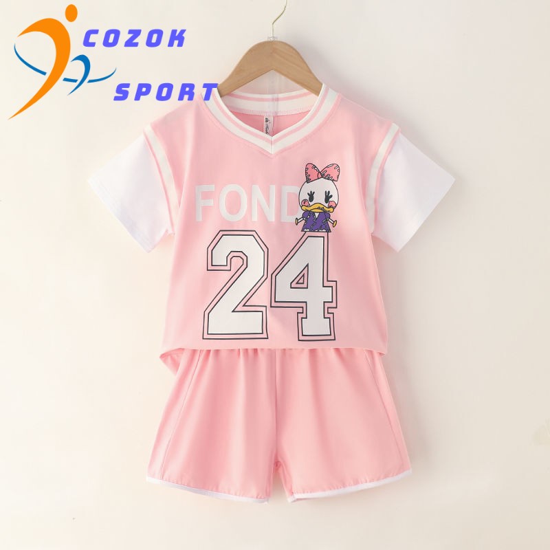 COZOK高端运动品牌女童运动套装新款夏季篮球服儿童韩系童装中大童短袖两件套潮 粉色 运动风24套装 130 建议身高1米2左右