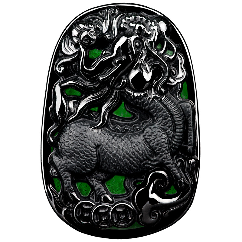 歆洛天然a货墨翠翡翠墨玉麒麟男款冰种玉石吊坠挂件玉佩节日礼物附