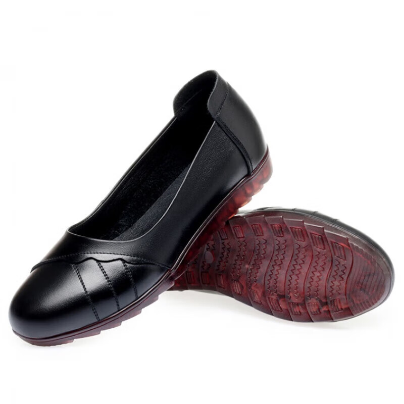 波徊牛皮防滑妈妈鞋软底舒适牛筋底单鞋中老年套脚皮鞋轻奢潮品 黑色