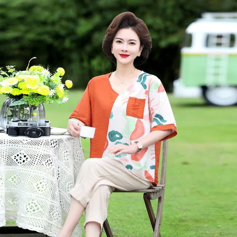 okkdey高端新款妈妈装小衫40岁中年女夏装七分袖衬衫领上衣60岁气质