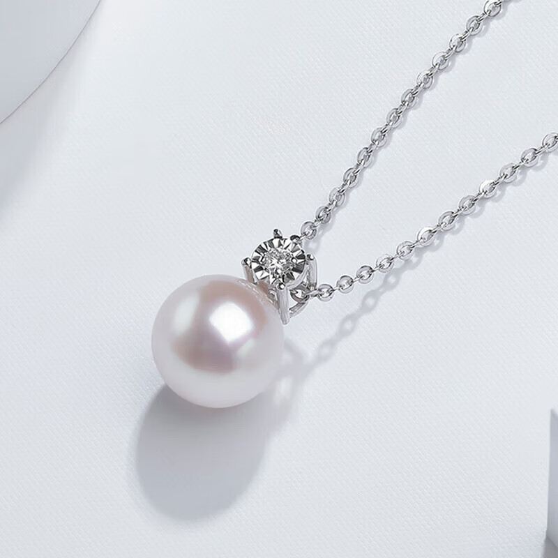 珍珠皇后Akoya海水珍珠项链18K金镶钻石吊坠戴妃款生日礼物送女朋友 白色18K金【8.5-9mm】
