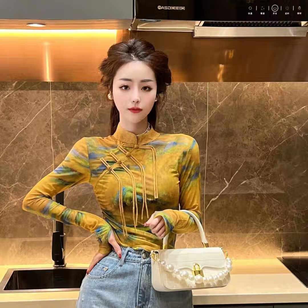 网禾蒙古族服装女装成人女演出服饰新中式流苏立领长袖打底衫衣春季褶