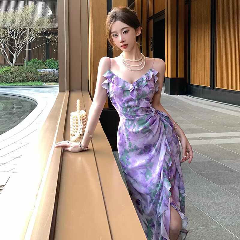 馨兰芙曼碎花连衣裙吊带开叉不规则裙边茶歇法式绝美木耳边吊带碎花