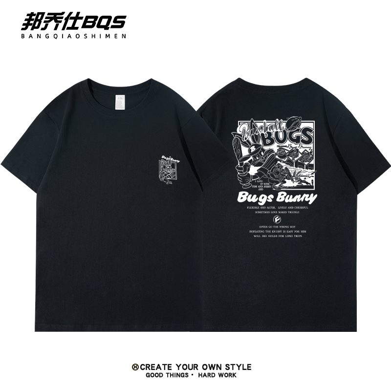 邦乔仕（BFDQJS）美式重磅纯棉白色短袖T恤男士夏季新款宽松青少年打底衫学生半袖 黑色棒球兔八哥 L (推荐体重110-130斤)