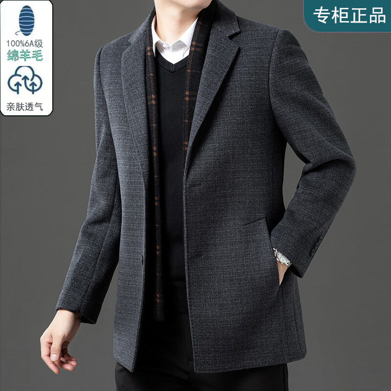 MOELAGVT男士呢大衣风衣秋冬季男装双面外套西装中老年羊毛商务中长款大衣 深灰 170/M
