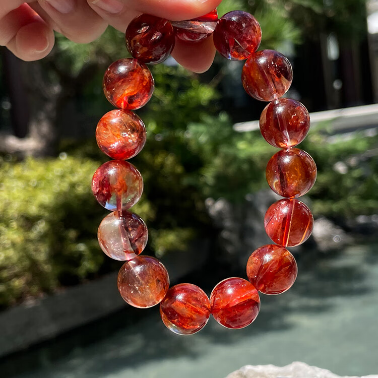 eck天然鸩羽幽灵手串牛血红胶花水晶手链本命年 天然水晶表面会有瑕疵