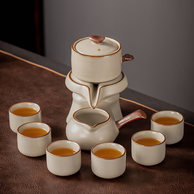 瓷牌茗茶具（cipaiming teaset）汝窯開片茶具套裝半自動家用懶人泡茶器陶瓷 米黃汝窯自動茶具(直杯6杯)