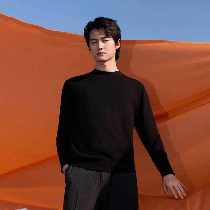 京东京造纯羊毛衫可机洗羊毛T恤短袖保暖毛衣男士针织衫打底衫 黑色 XXL