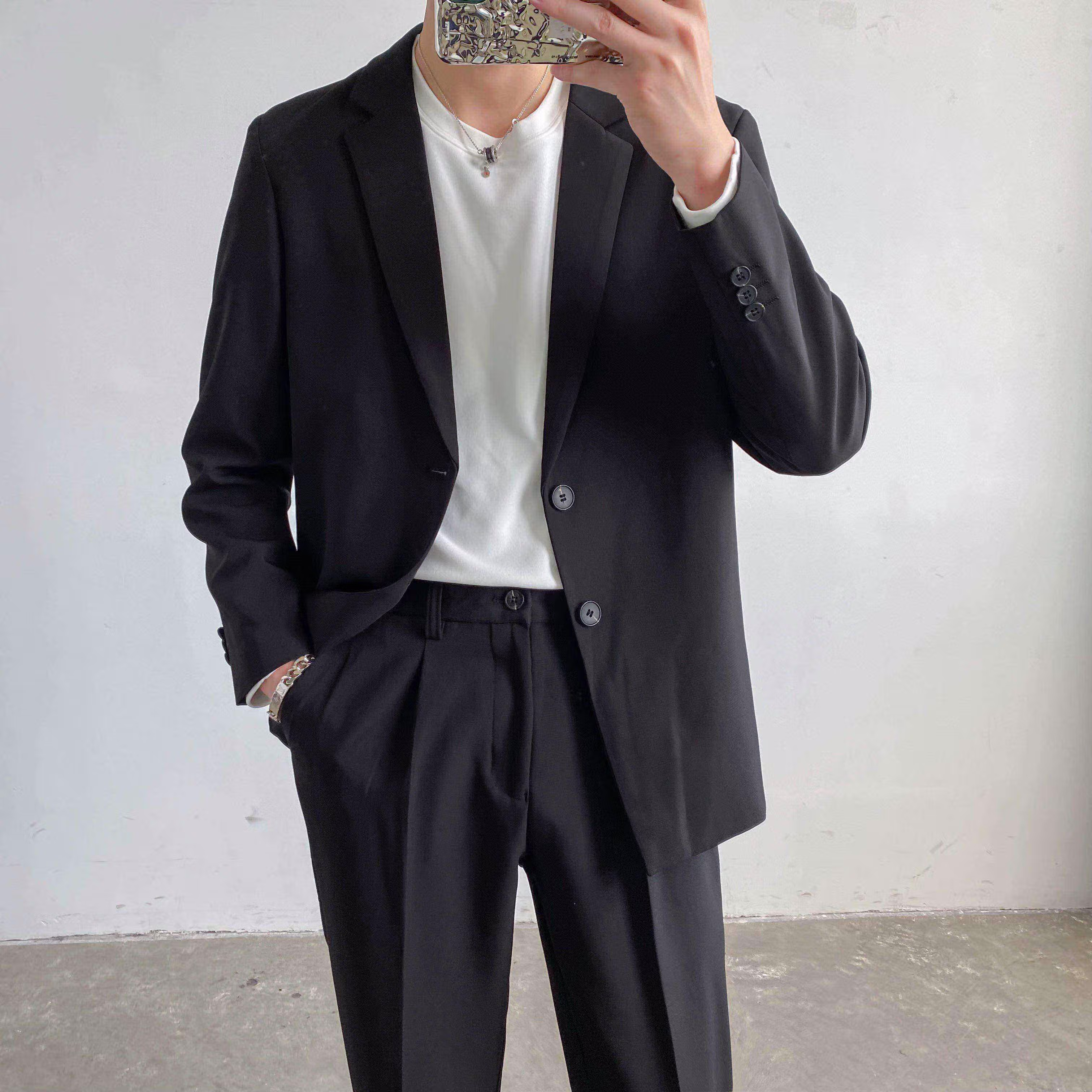 映轻熟风单西上衣韩版宽松休闲西服 男士春秋季潮流帅气西装外套 黑色