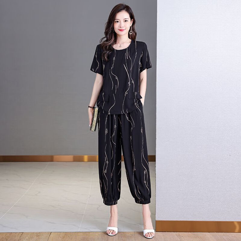 vfvq素订素订棉麻套装女时尚外穿夏季两件套妈妈休闲显瘦民族风潮流大