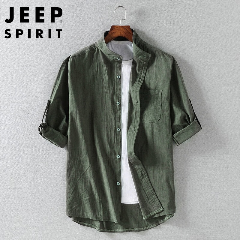 吉普（JEEP）短袖衬衫男士夏季薄款中国风亚麻休闲衬衣宽松大码潮牌棉麻白衬衫 军绿色 M
