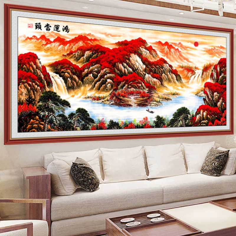 山水画客厅挂画办公室 国画鸿运当头自粘山水画办公室书房墙贴字画旭日东升3D立体装饰画 款：鸿运当头-200【店长】 160cmX80cm-印框自粘画