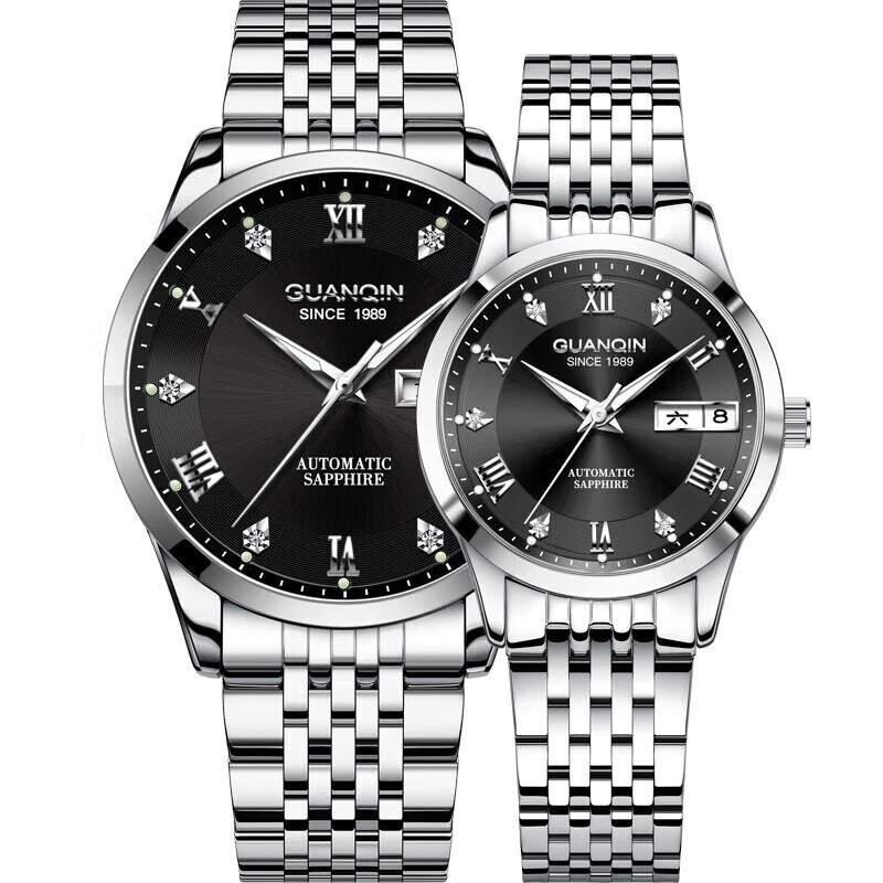 冠琴（GUANQIN）手表男士全自动机械表瑞士名表十大品牌进口机芯夜光防水高端男表 【典藏版】百搭黑色情侣对表【升级进口机芯】