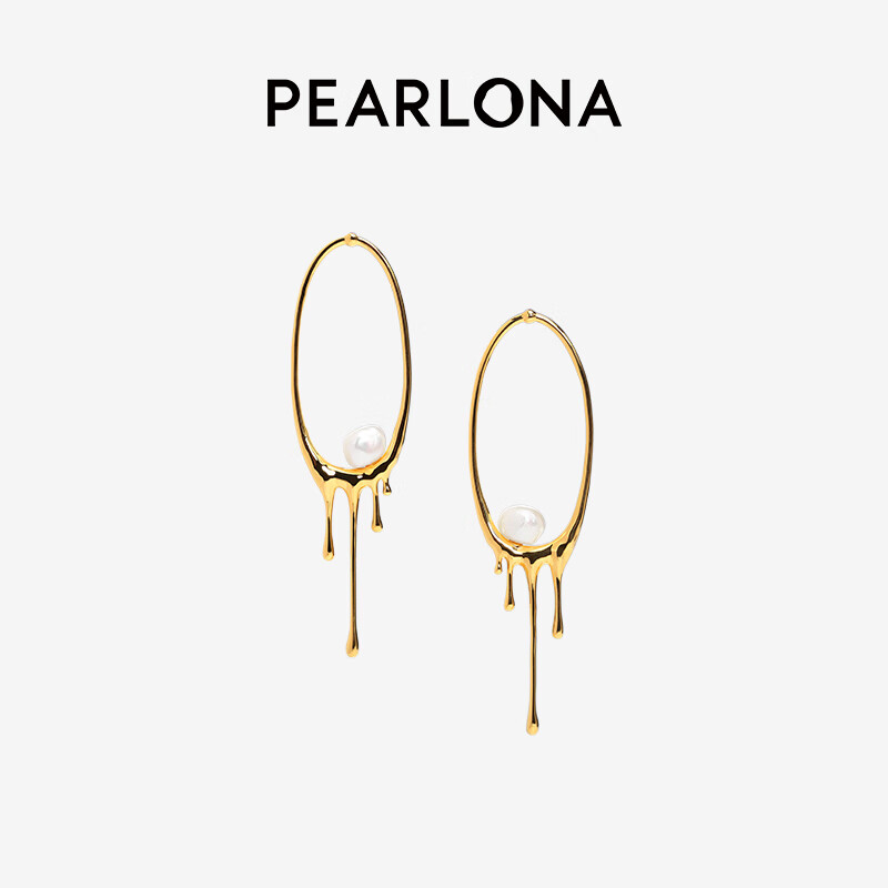 PEARLONA水形物语时尚珍珠耳环个性大圈金银色耳饰夸张长款原创设计耳坠女 金色