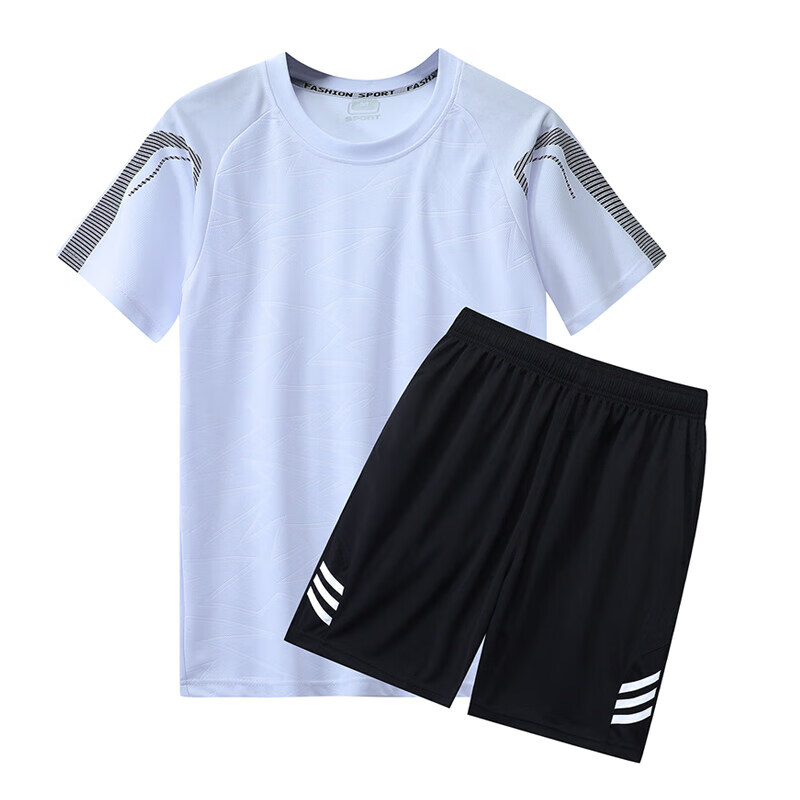 短袖运动套装男速干衣休闲足球跑步训练服装短袖短裤 白色 2XL