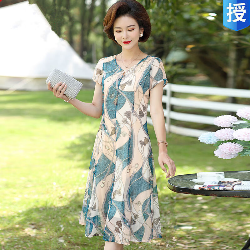 乐拓健胖40-50-60岁夏季中年女士连衣裙夏装雪纺连衣裙洋气中年 jg
