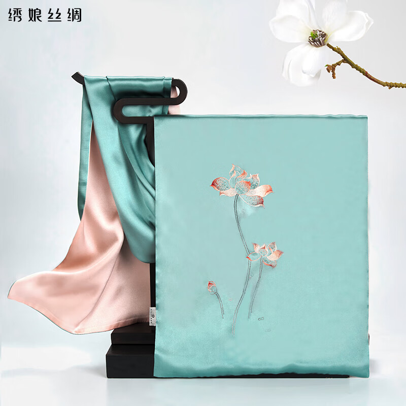 绣娘丝绸真丝丝巾女苏绣100%桑蚕丝双层披肩礼物手工刺绣百搭长巾 荷