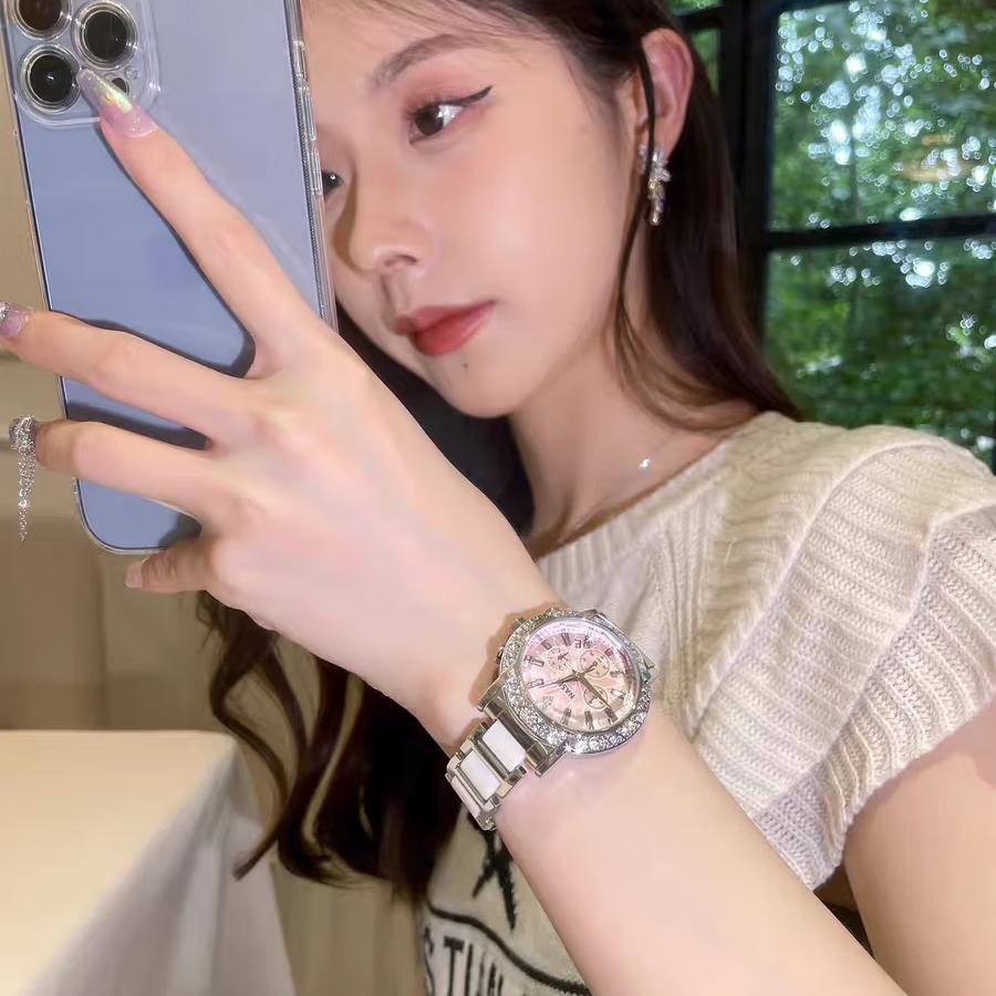 凯度（GAIDU）轻奢小众手表正品名牌时尚机械风镶钻陶瓷大表盘女士石英表礼物 陶瓷粉（送高档礼盒套装）