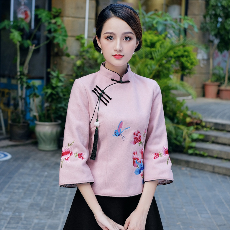 展缘中式女装民国风女士唐装套装秋冬装加厚毛呢改良盘扣上衣茶服