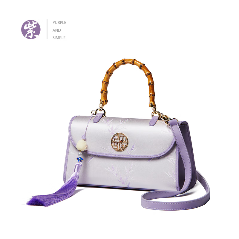 PmSix印花女包送生日礼物妈妈包中国风旗袍包复古竹节包布包大气手提包 浅紫色-桑蚕丝印花-送礼盒