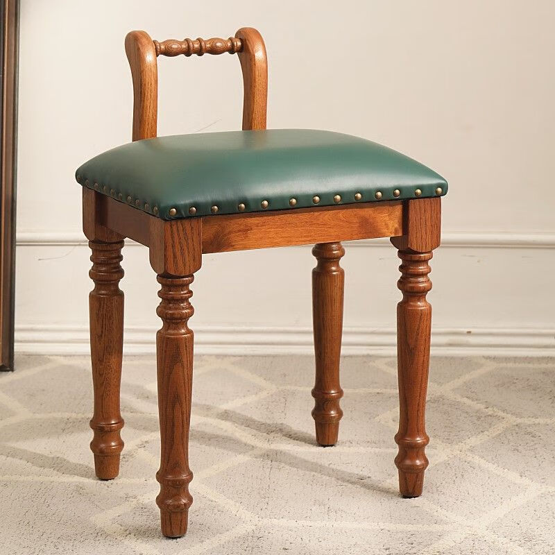 菲迪拉美式实木梳妆凳 欧式田园风格全实木化妆凳矮凳小凳子换鞋凳琴凳 胡桃色绿皮垫
