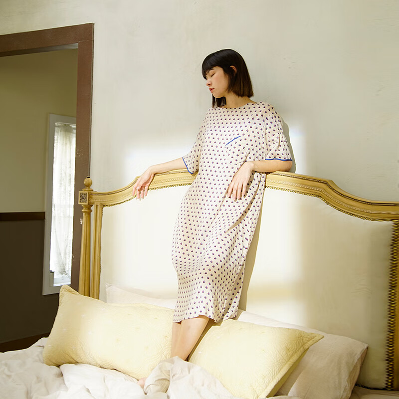 朵朵·可可夏季人棉凉感轻薄女款短袖中长款宽松舒适简约睡裙 浅杏【155预售7.2】 L (165)