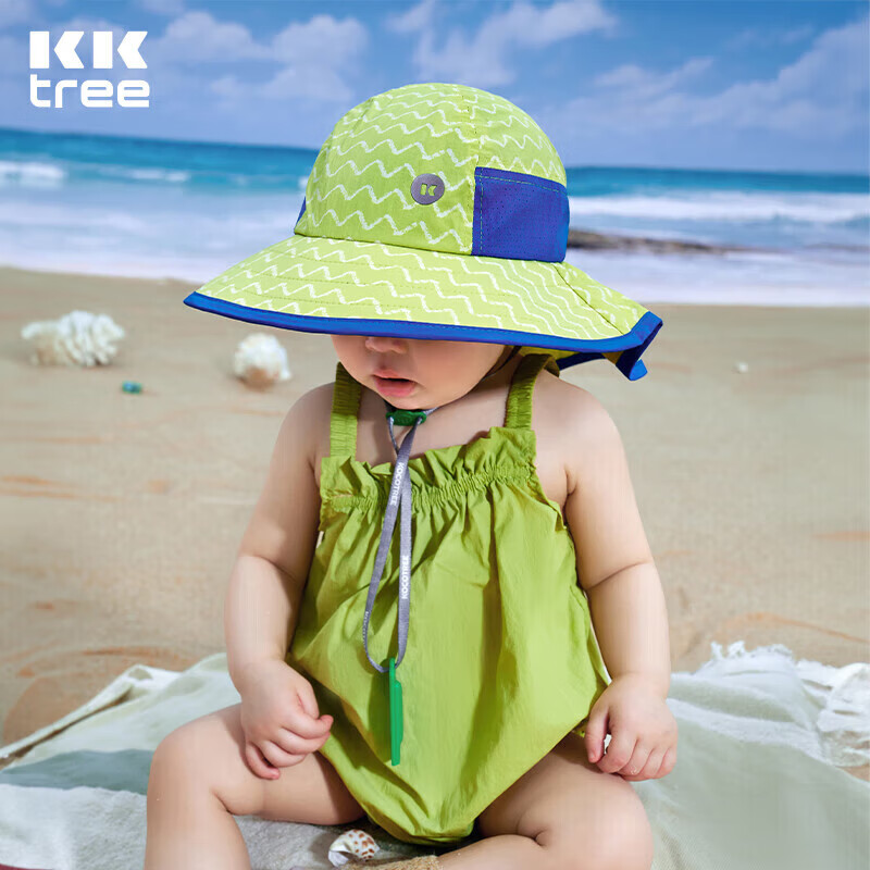 Kocotreekk树儿童防晒帽护颈大帽檐男童女孩防紫外线夏季撞色 香印青 M 