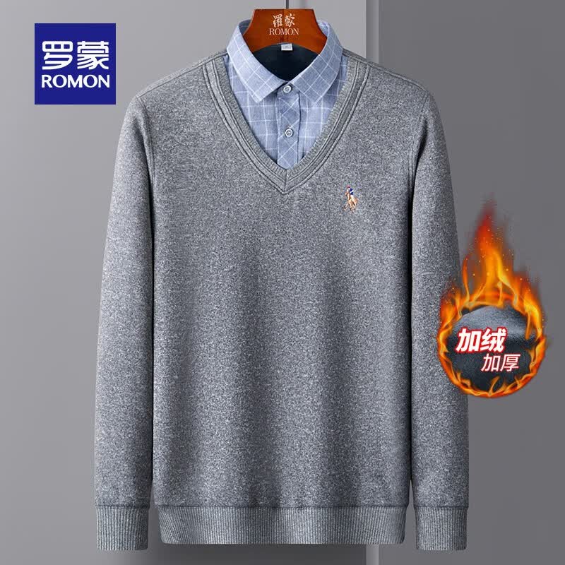 罗蒙假两件针织衫男2023秋冬新款商务休闲百搭翻领加绒厚款男士上衣 S1C062821浅灰 170/L （建议95-115斤）高性价比高么？