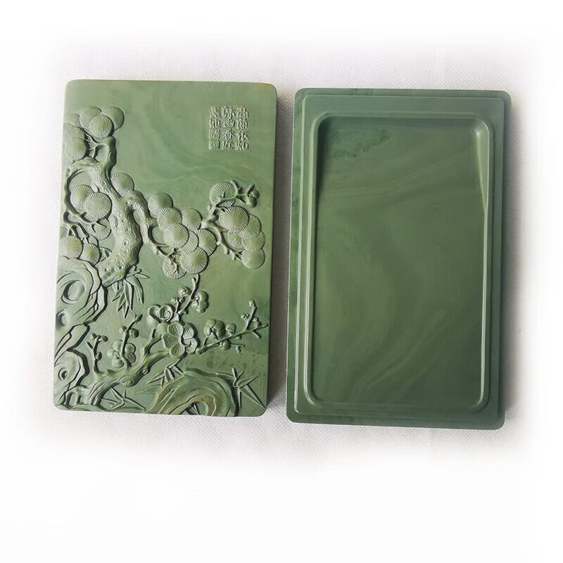 阡囤 松花石砚 墨盒 砚台 岁寒三友砚 原石雕刻石砚 6寸墨海 带盖盒砚