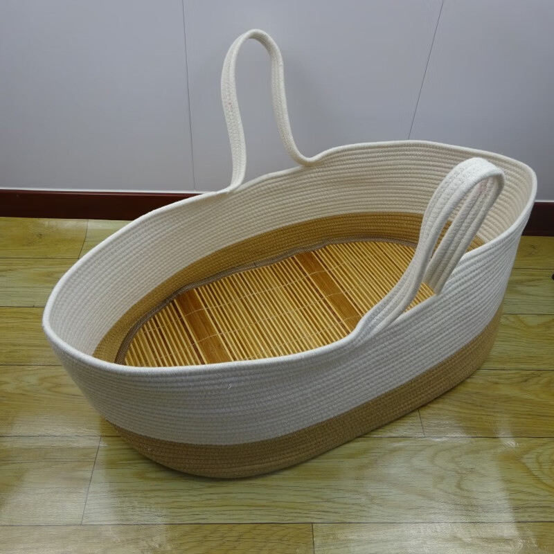 CLCEY宝宝外出手提篮子风婴儿花篮手提篮 便携式婴儿摇篮睡篮 车载  长 棕配白婴儿篮加白色软海棉垫 (