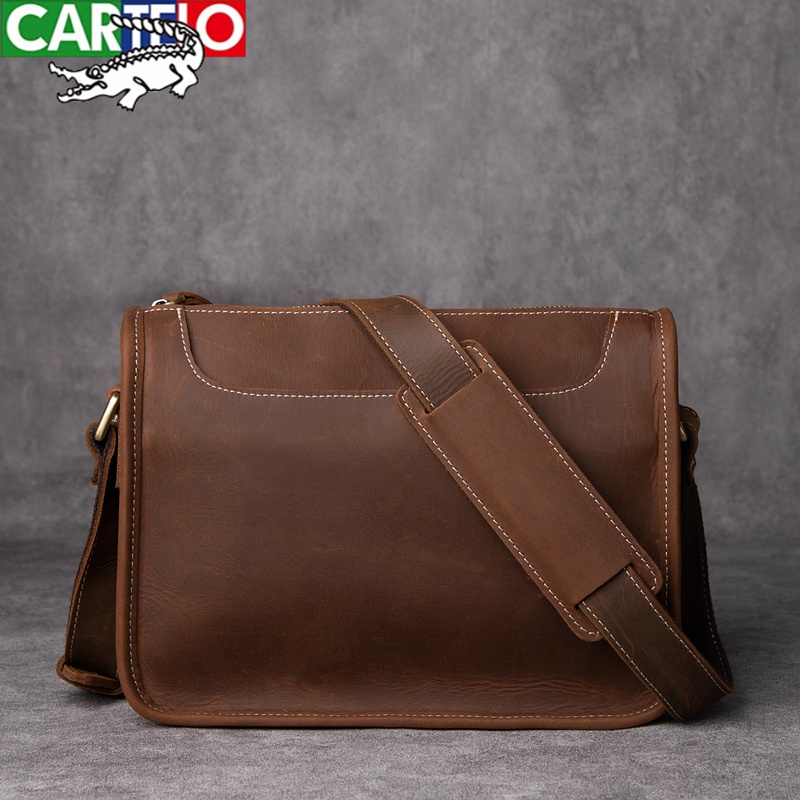 卡帝乐鳄鱼(cartelo)复古男士包包头层牛皮单肩包手工真皮斜挎包疯马