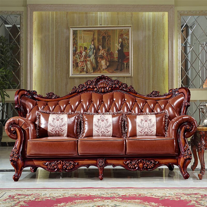 艾米河欧式实木真皮沙豪华别墅沙发实木雕花沙发4人位沙发客厅沙发组