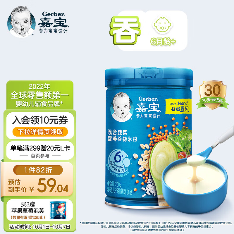 嘉宝(Gerber)婴儿辅食 混合蔬菜谷物米粉2段250g高性价比高么？