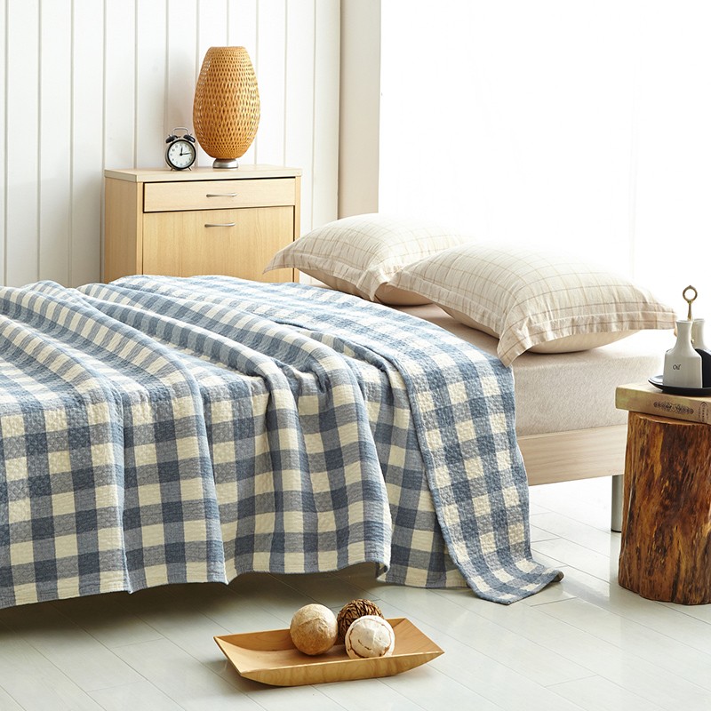 辰枫家纺 全棉毛巾被纯棉毛巾毯单人双人盖毯夏季空调毯办公室午睡毯子 冷之巧格-浅蓝 200*230cm