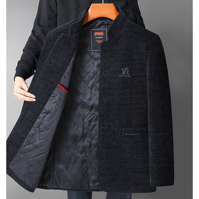 云蔷中山装棉服 中老年外套男秋冬季加绒加厚爸爸夹克老人爷爷 黑蓝色