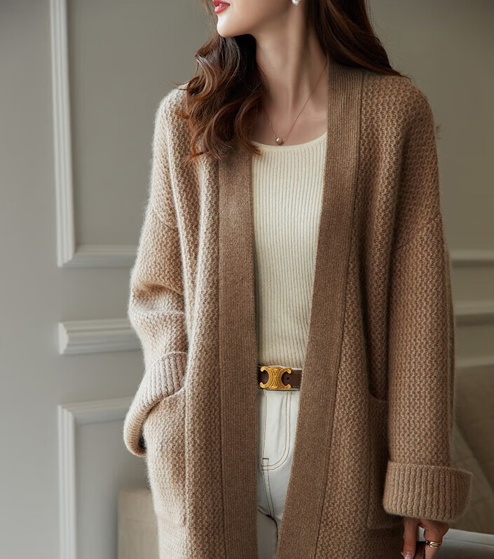 秋冬羊绒开衫针织外套女宽松中长款100纯山毛衣加秋冬季新款 深驼色