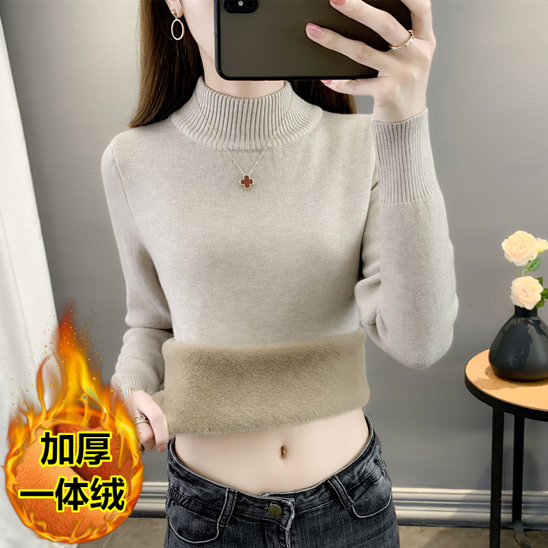 MOXTOC保暖内衣一体绒加绒秋衣女加厚修身冬天内搭套头针织衫保暖打底衫 咖啡色 【加厚一体绒】 2XL （建议135~150斤）