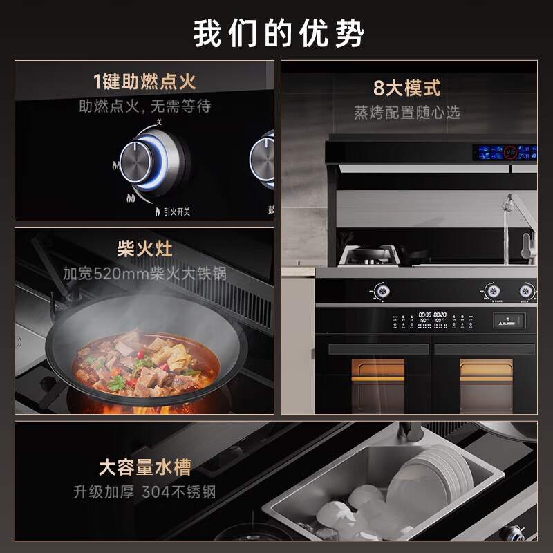 冈田（日本）集成柴火灶无烟智能一体式柴火灶家用别墅自建房一体灶低噪节能变频抽油烟机燃气灶具套装 1.5米 双燃气灶+左烤右蒸+柴火灶+烟机 液化气20Y