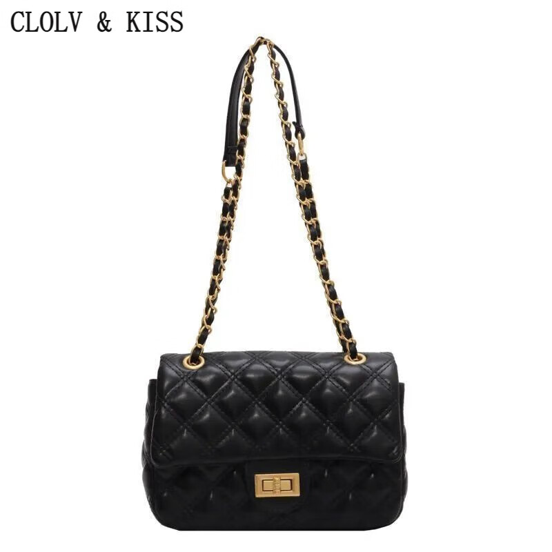 clolv kiss感女士小包包2024新款时尚菱格链条包小众斜挎包 黑色