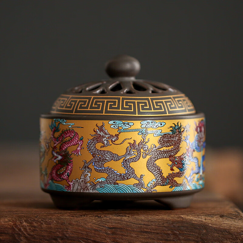 驰诺陶瓷盘香炉沉香檀香香熏炉家用室内 珐琅彩绘香炉盘龙
