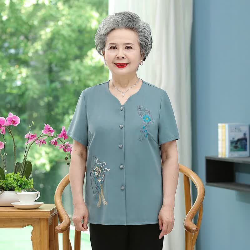 惺忪燃老妈的衣服夏天老年人服装60岁到70岁新款奶奶装夏装短袖衬衫